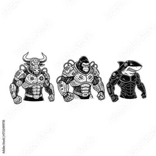Three humanoid mascots side by side with futuristic visor in armor muscular humanoid bodies esport mascot style, flat black and white vector, no gradients