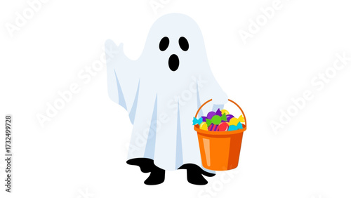 Spooky Halloween Ghost: A friendly ghost figure, draped in a flowing white sheet, carries a colorful bucket overflowing with treats, perfect for Halloween festivities. 