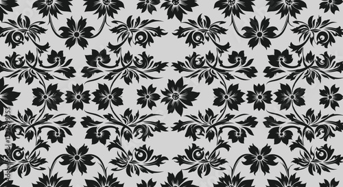 Dense floral pattern of black flowers and leafy flourishes against a light gray backdrop