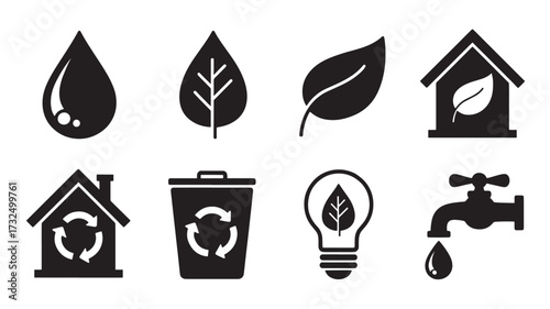Vector art of collection of ecofriendly icons including a water drop, leaf, house, recycle bin, and light bulb