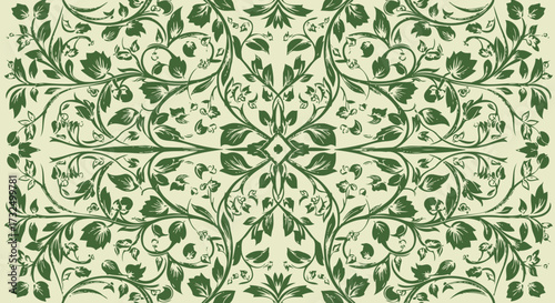 Symmetrical botanical pattern. Green vines, leaves and blossoms. Beige background. Ornamented design