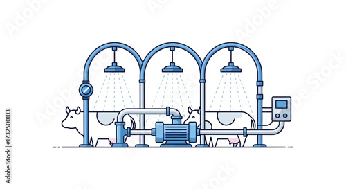 Automated animal hygiene system featuring bovine silhouettes undergoing cleaning