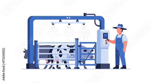 Automated bovine washing facility with farmer operating the control panel