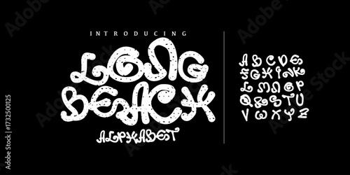 Long beach font. Groovy tiki tropical surf Font. Graffiti Font. Creative Hand Drawn Uppercase Street Art Classic Lettering Fashion Designs Typography modern serif vector illustration