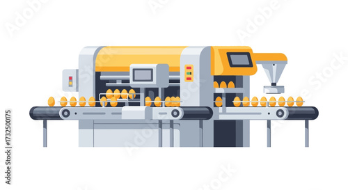 Automated egg processing machinery with conveyor belts and robotic arms
