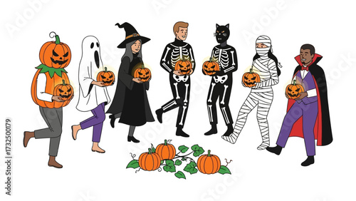 Halloween Costume Parade: A whimsical illustration of people in diverse costumes celebrating Halloween, each clutching a carved pumpkin, capturing the essence of spooky delight. 