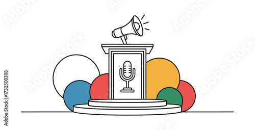 Speech platform with microphone megaphone and colorful spheres illustration design