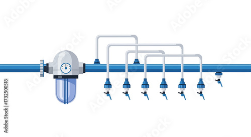 Complex water purification system setup with multiple valves for water distribution