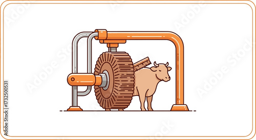 Conceptual cartoon illustration with a cow and a grinding machine device