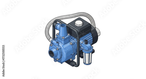 Detailed blue electric water pump isometric illustration on white surface