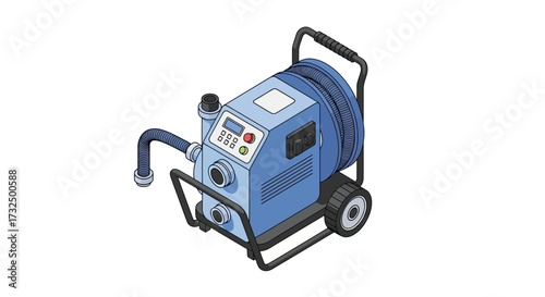 Detailed illustration of a blue and black industrial drain cleaning machine