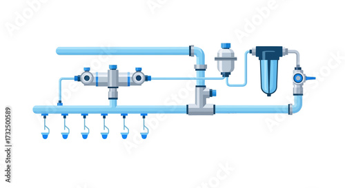 Detailed illustration of a modern water filtration and distribution system