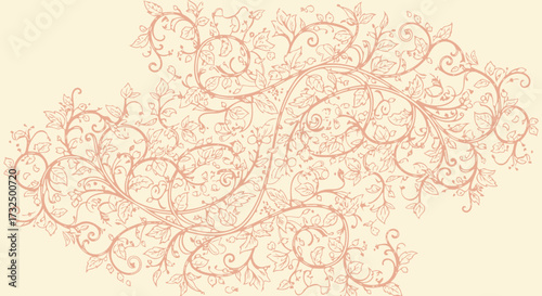 Floral flourish with leaves, vines, and tendrils in a beige monotone design