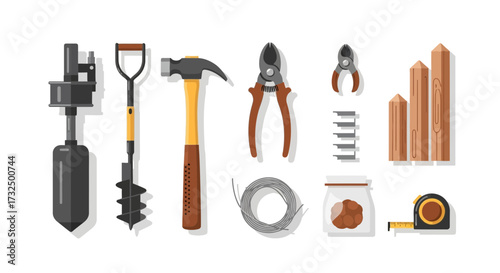 Essential tools and materials for fence construction project flat lay vector