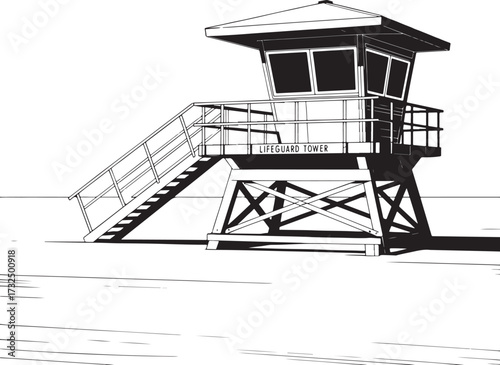 Black and white illustration of modern lifeguard tower with stairs and railings in high contrast setting.