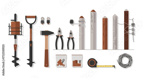 Illustrated collection featuring fence installation tools and components flat lay