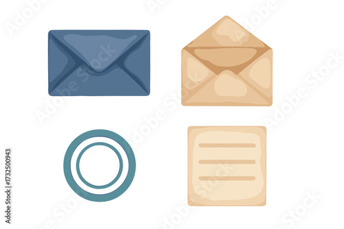 Essential communication icons collection featuring envelopes, a document, and a concentric circle symbol, perfect for digital design projects and web interfaces