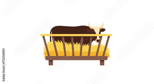 Illustration of a brown cow eating hay from a wooden manger outdoors