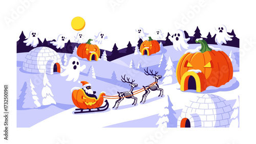 A Whimsical Holiday Scene: A fusion of Halloween and Christmas joy is depicted in a cheerful cartoon.