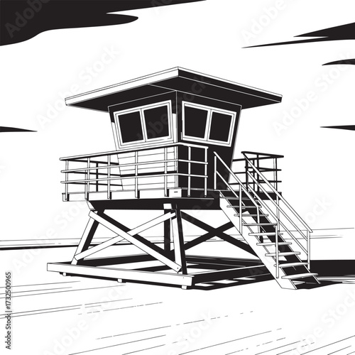 Black and white illustration of modern lifeguard tower with stairs and railings in high contrast setting.