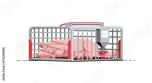 Illustration of a confined mother pig with piglets in a gestation crate
