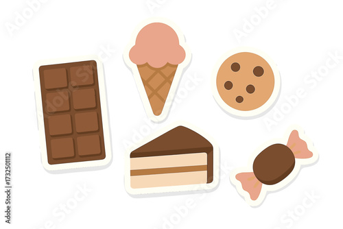 Assortment of sweet desserts and sugary snacks including chocolate bar, ice cream cone, cake slice, cookie, and candy