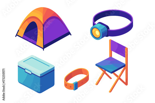 Isometric collection of camping and outdoor adventure gear including tent, cooler, headlamp, and folding chair