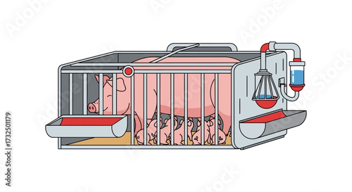 Illustrative Depiction of Sow and Piglets in a Farrowing Crate System