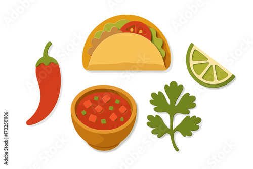 Colorful Mexican food ingredients and dishes with taco, chili, salsa, lime, and cilantro
