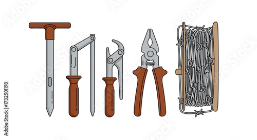 Illustration of various tools used for fencing projects and farm maintenance
