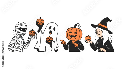 Happy Halloween Festivities: A delightful illustration showcases a mummy, a ghost, a jack-o'-lantern, and a witch, each holding a miniature pumpkin.