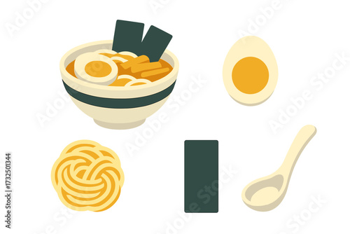 Traditional Japanese ramen noodle soup bowl with various ingredients like egg, seaweed, and noodles, presented with separate food items and a spoon