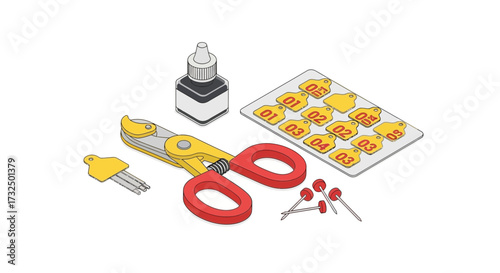 Isolated illustration showcasing tools for pet grooming and identification processes