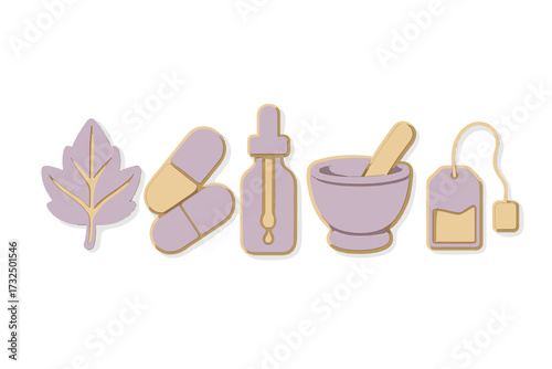 Herbal medicine and natural remedies set featuring leaf, capsules, dropper bottle, mortar, and tea bag elements