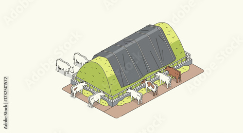 Isometric depiction of a silage clamp and cattle, illustrating farming practices