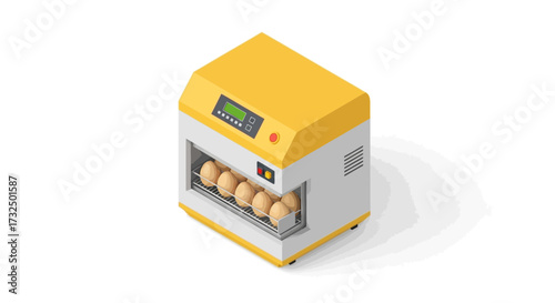 Isometric depiction of an automatic incubator machine with eggs inside
