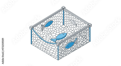 Isometric depiction of fish within a netted enclosure on a white backdrop
