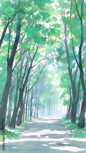緑の木々が並ぶ明るい夏の並木道