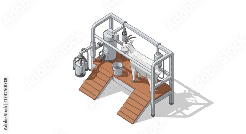 Isometric Goat Milking Station Illustration with Automated System Detailed
