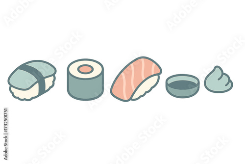 Delicious assortment of traditional Japanese sushi rolls, nigiri, and fresh condiments like soy sauce and wasabi
