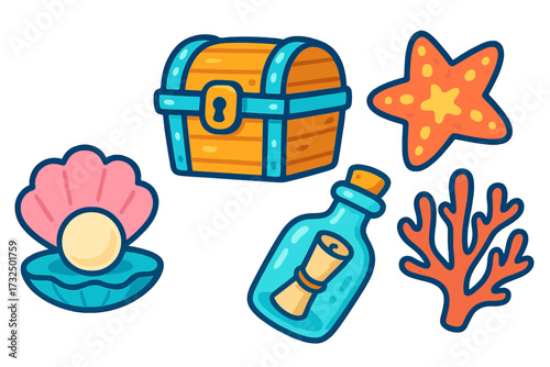 Oceanic discovery collection featuring treasure chest, starfish, pearl, message in bottle, and coral