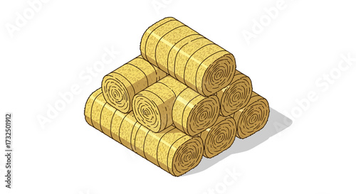 Isometric illustration of a neatly stacked pyramid of hay bales on white