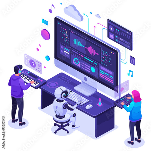 Isometric AI Music Creator Vector Icon: Robot and Musicians Working in a Digital Audio Studio on Technology and Production