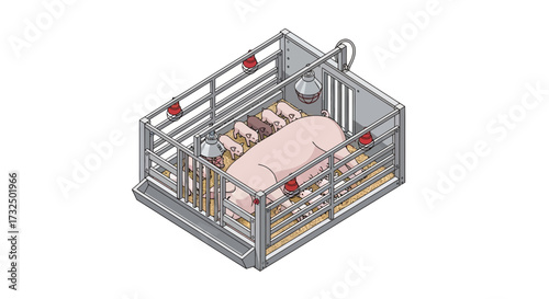 Isometric illustration of a sow and piglets in a farrowing crate setup