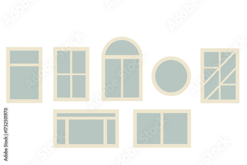 Architectural window frames in diverse shapes and styles including rectangular, arched, and circular designs