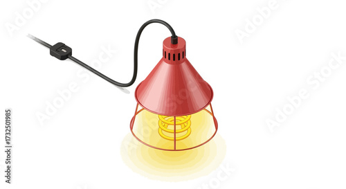 Isometric illustration of a red desk lamp with a spiral filament bulb