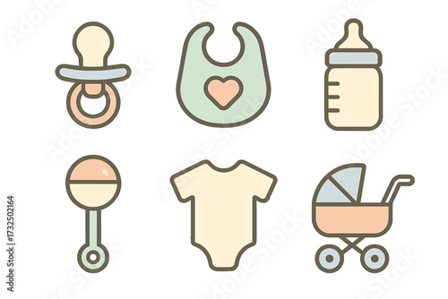 Collection of essential baby items including pacifier, bib, bottle, rattle, onesie, and stroller for newborn care