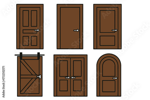 Set of diverse wooden doors featuring various architectural styles and designs for modern and classic interiors