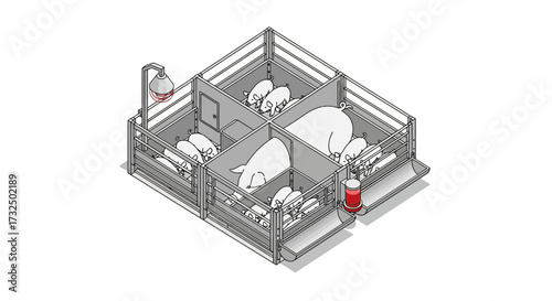 Isometric illustration of piglets with their mother pig in the farrowing pen