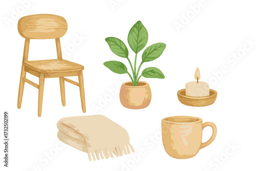 Cozy home interior scene with wooden chair, potted plant, lit candle, soft blanket, and ceramic mug
